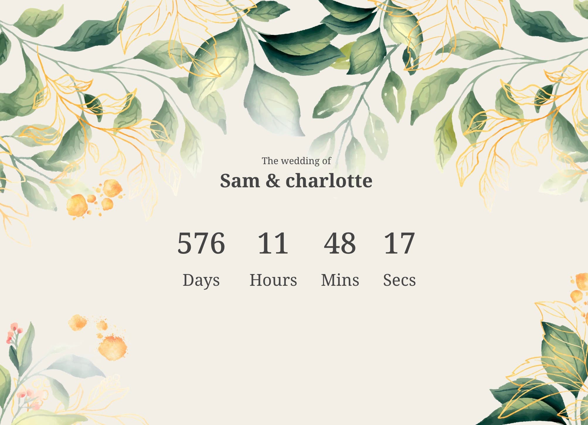 Wedding countdown timer page showing days until wedding day with shareable link